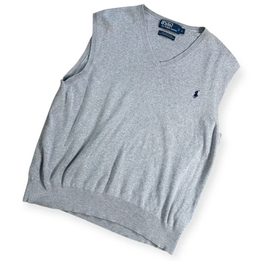 Polo‎ Ralph Lauren Mens Grey Pima Cotton V-Neck Sweater Vest Large Heather Gray
